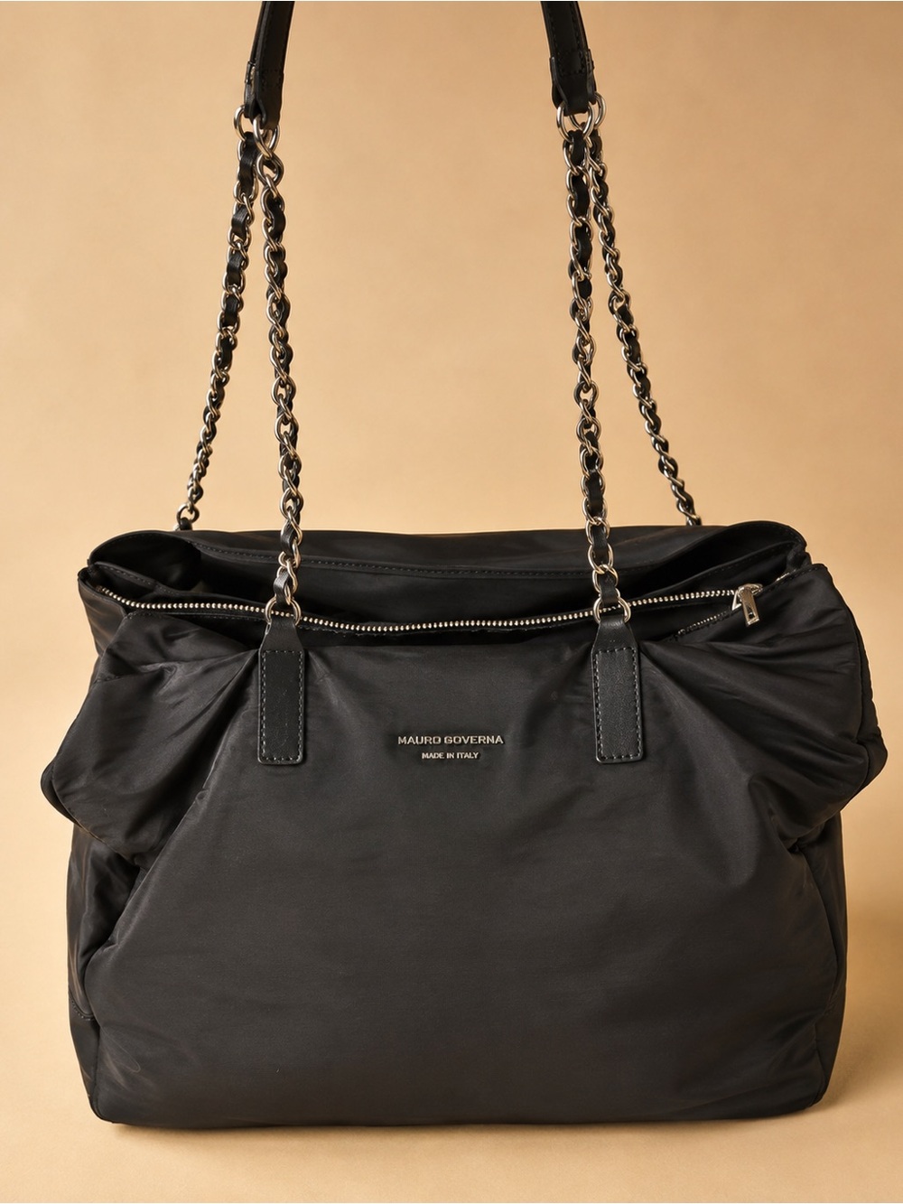 Mauro Governa Made in Italy Large Black Tote Bag Leather Trim Chain Handles